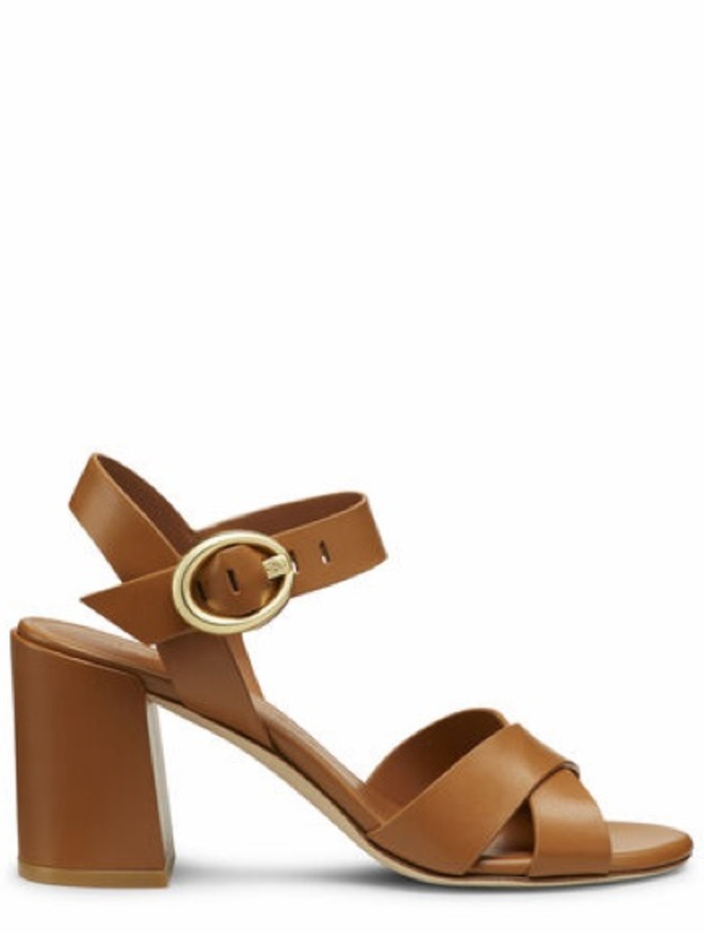 Stuart Weitzman Benni Block 75 Macchiato Tan Leather Sandals with Gold Buckle